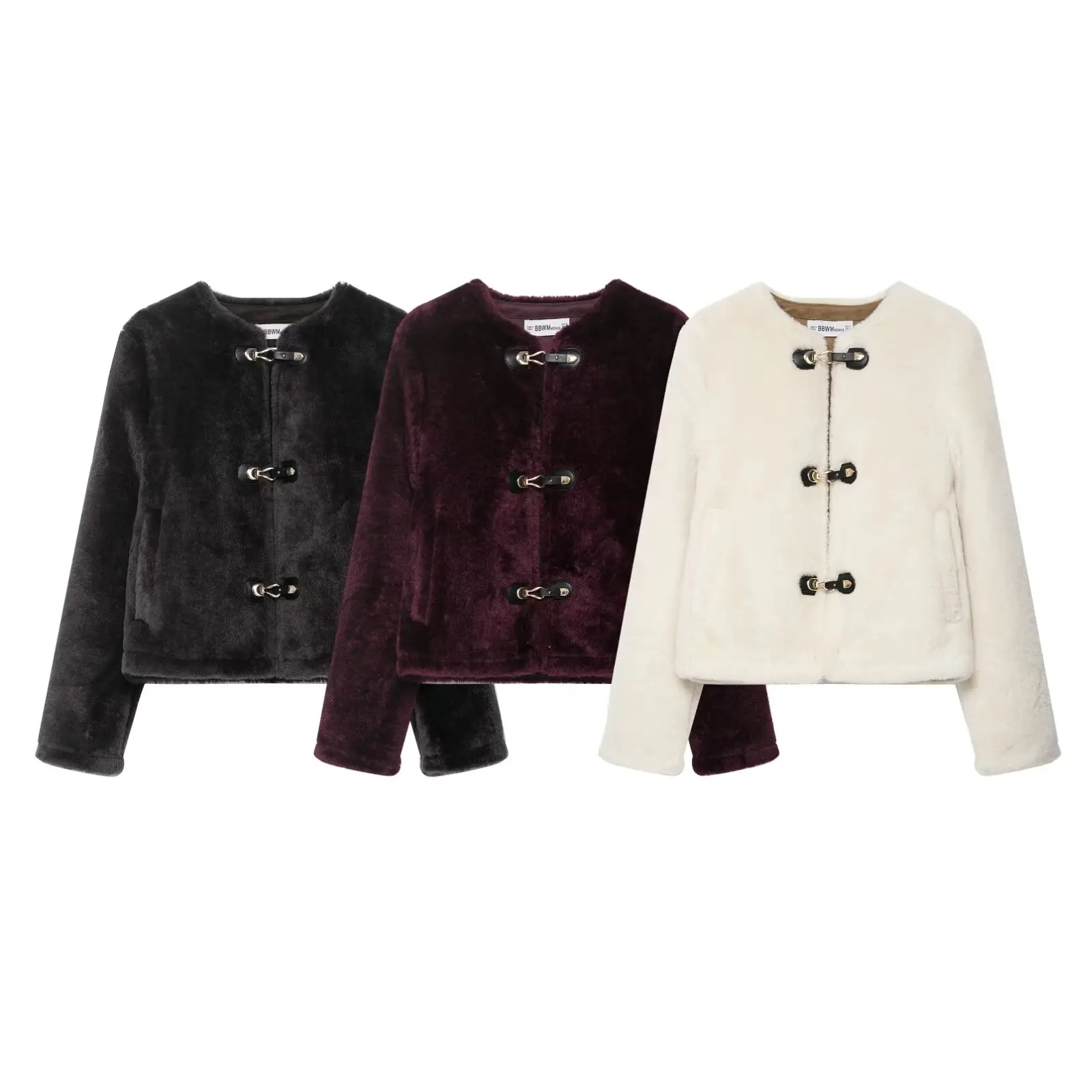 HH Women Fashion Long Sleeves Knot Buckle Pocket Decoration O-Neck Reversible Jacket Woman Winter Casual Loose Street Short Coat