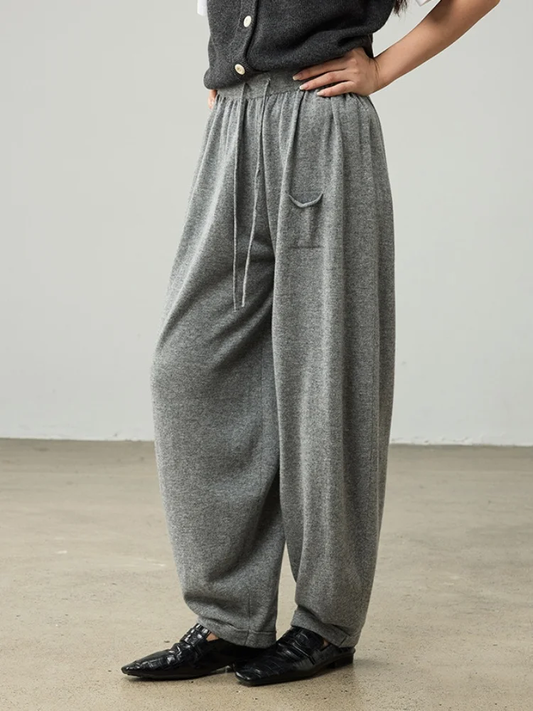 Birdtree 100% Sheep Wool Knitted Drawstring Cocoon Pants,Women Elastic Waist Pocket Trousers, 2025 Autumn Lantern Pants T59732JF
