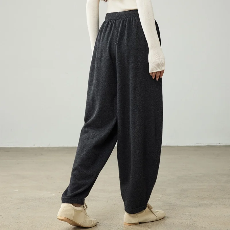 Birdtree 100% Sheep Wool Knitted Drawstring Cocoon Pants,Women Elastic Waist Pocket Trousers, 2025 Autumn Lantern Pants T59732JF
