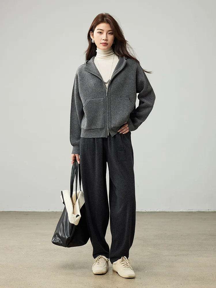 Birdtree 100% Sheep Wool Knitted Drawstring Cocoon Pants,Women Elastic Waist Pocket Trousers, 2025 Autumn Lantern Pants T59732JF