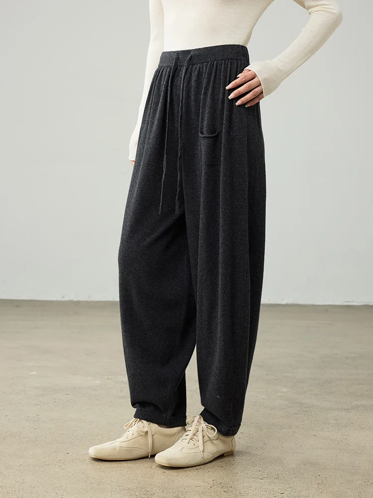 Birdtree 100% Sheep Wool Knitted Drawstring Cocoon Pants,Women Elastic Waist Pocket Trousers, 2025 Autumn Lantern Pants T59732JF
