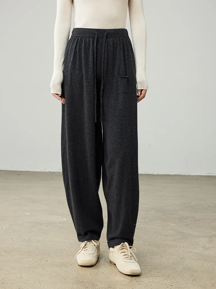 Birdtree 100% Sheep Wool Knitted Drawstring Cocoon Pants,Women Elastic Waist Pocket Trousers, 2025 Autumn Lantern Pants T59732JF
