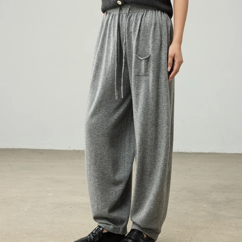 Birdtree 100% Sheep Wool Knitted Drawstring Cocoon Pants,Women Elastic Waist Pocket Trousers, 2025 Autumn Lantern Pants T59732JF