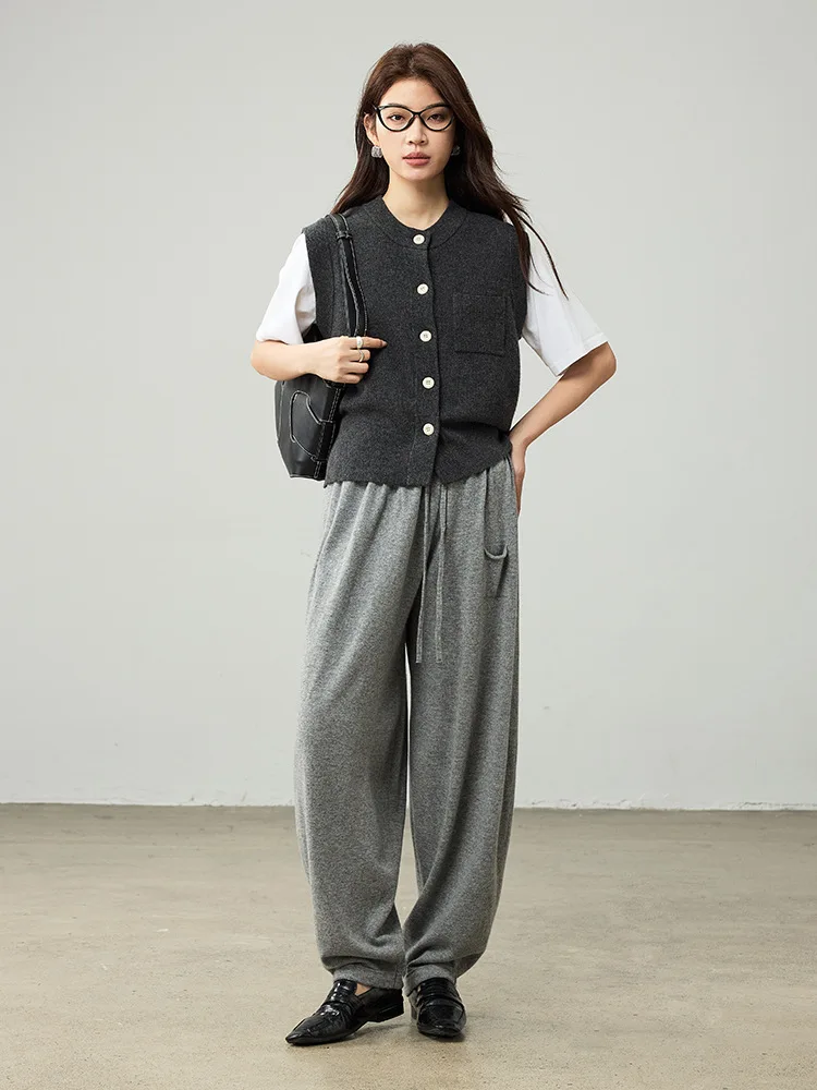 Birdtree 100% Sheep Wool Knitted Drawstring Cocoon Pants,Women Elastic Waist Pocket Trousers, 2025 Autumn Lantern Pants T59732JF