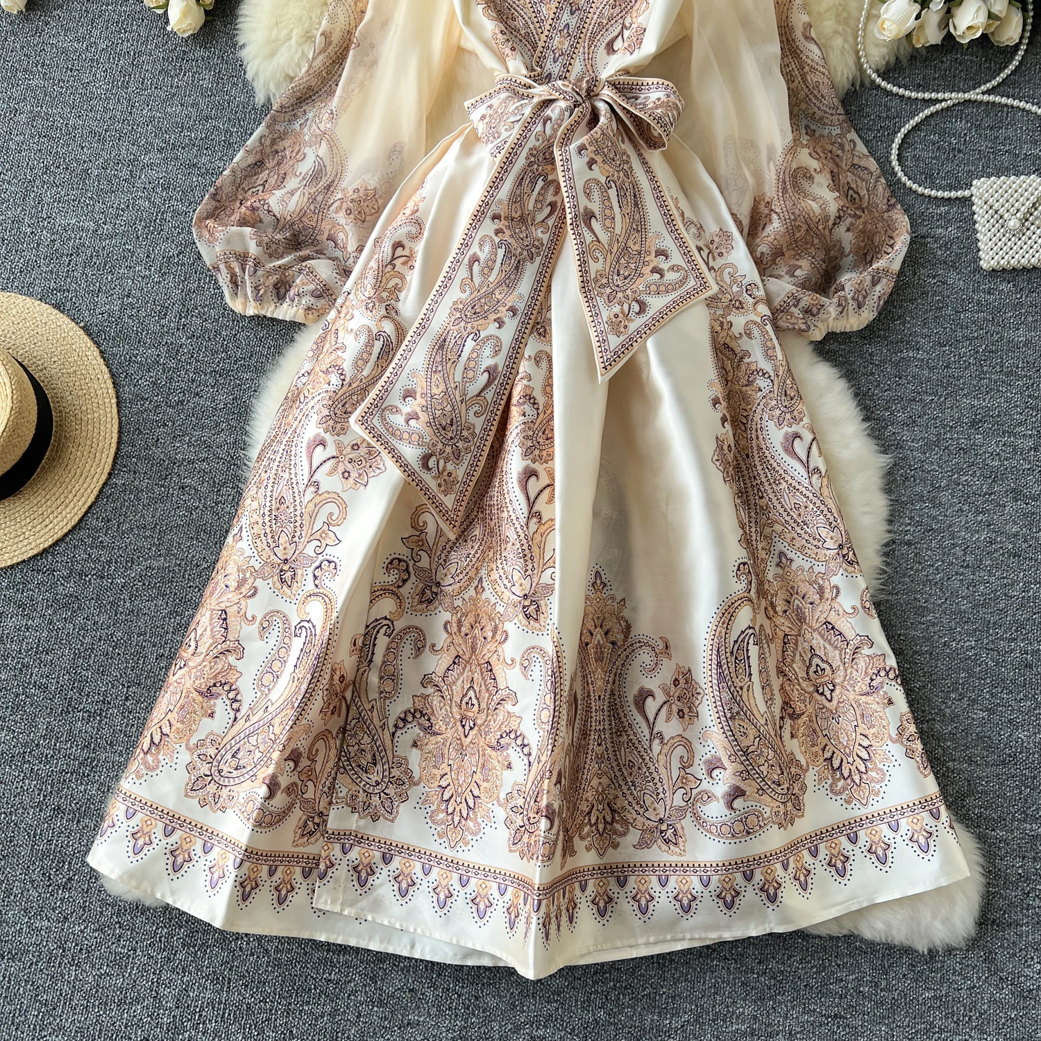Spring Summer Bohemian Paisley Dress Holiday Puff Sleeve Cross V Neck Vintage Print Bandage Lace Up Robe Vestidos Maxi Clothes