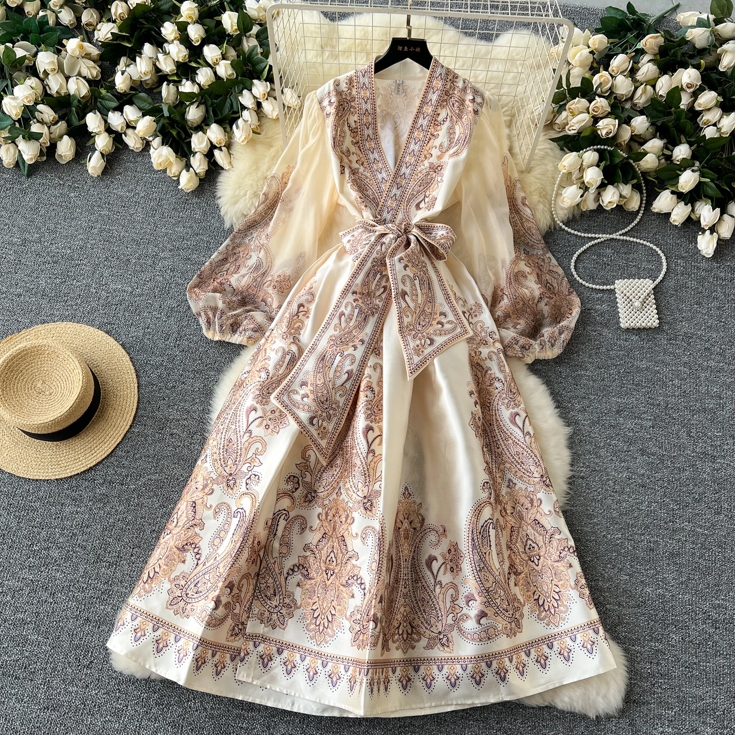 Spring Summer Bohemian Paisley Dress Holiday Puff Sleeve Cross V Neck Vintage Print Bandage Lace Up Robe Vestidos Maxi Clothes