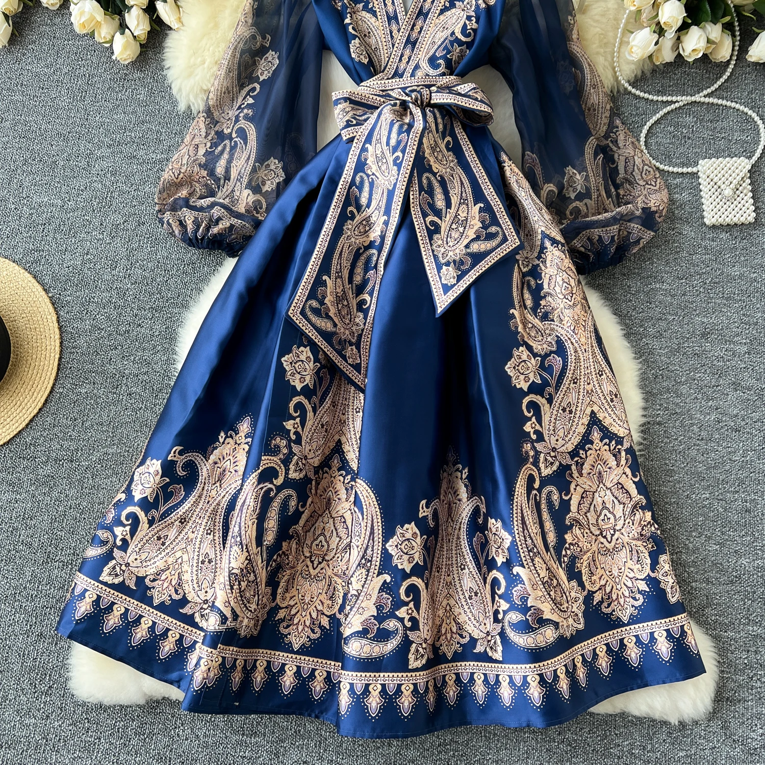 Spring Summer Bohemian Paisley Dress Holiday Puff Sleeve Cross V Neck Vintage Print Bandage Lace Up Robe Vestidos Maxi Clothes