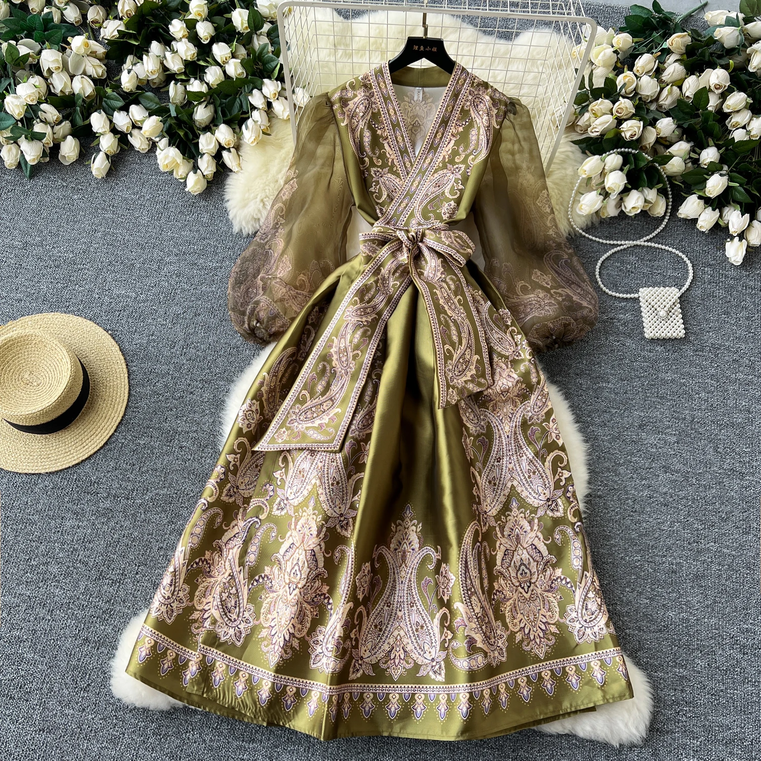 Spring Summer Bohemian Paisley Dress Holiday Puff Sleeve Cross V Neck Vintage Print Bandage Lace Up Robe Vestidos Maxi Clothes