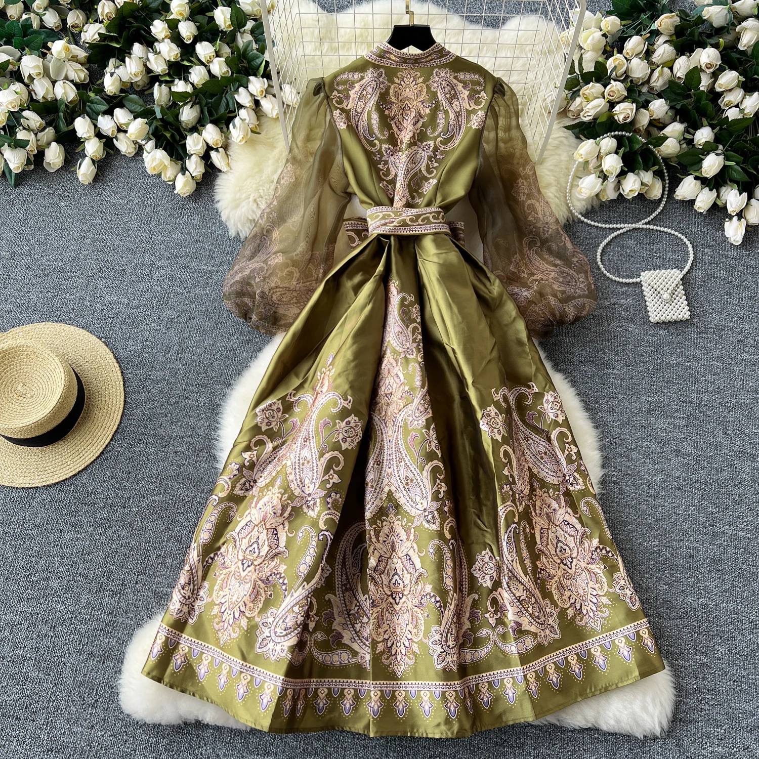 Spring Summer Bohemian Paisley Dress Holiday Puff Sleeve Cross V Neck Vintage Print Bandage Lace Up Robe Vestidos Maxi Clothes