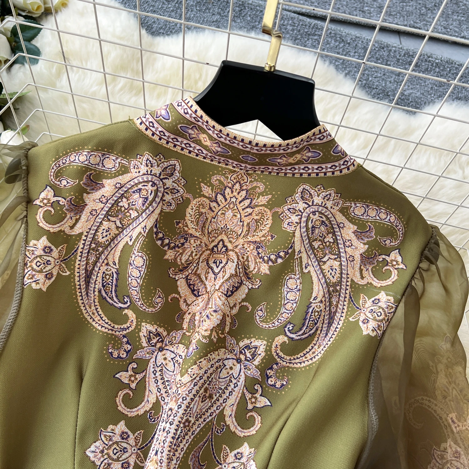 Spring Summer Bohemian Paisley Dress Holiday Puff Sleeve Cross V Neck Vintage Print Bandage Lace Up Robe Vestidos Maxi Clothes