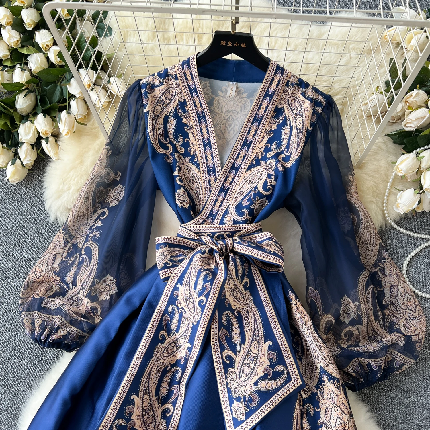 Spring Summer Bohemian Paisley Dress Holiday Puff Sleeve Cross V Neck Vintage Print Bandage Lace Up Robe Vestidos Maxi Clothes
