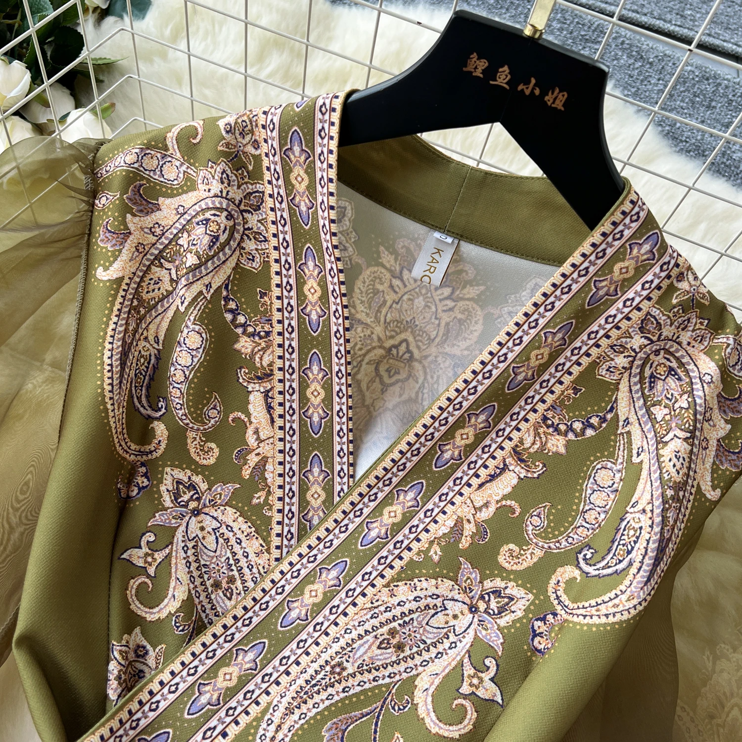 Spring Summer Bohemian Paisley Dress Holiday Puff Sleeve Cross V Neck Vintage Print Bandage Lace Up Robe Vestidos Maxi Clothes