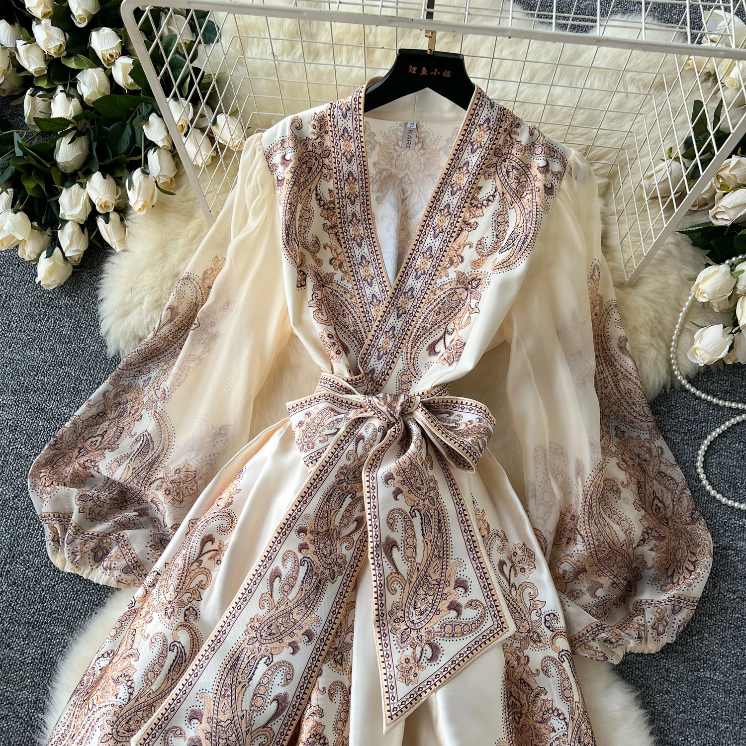 Spring Summer Bohemian Paisley Dress Holiday Puff Sleeve Cross V Neck Vintage Print Bandage Lace Up Robe Vestidos Maxi Clothes