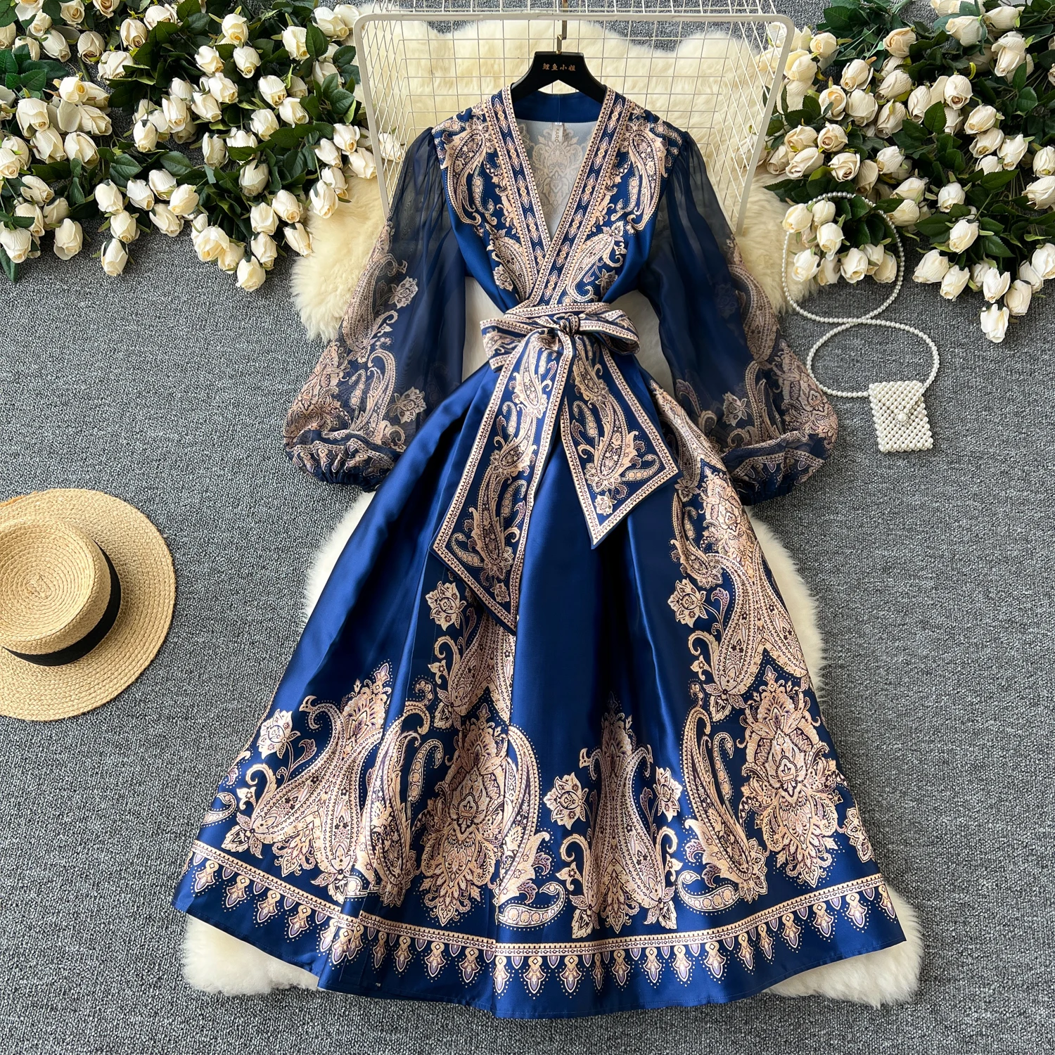 Spring Summer Bohemian Paisley Dress Holiday Puff Sleeve Cross V Neck Vintage Print Bandage Lace Up Robe Vestidos Maxi Clothes