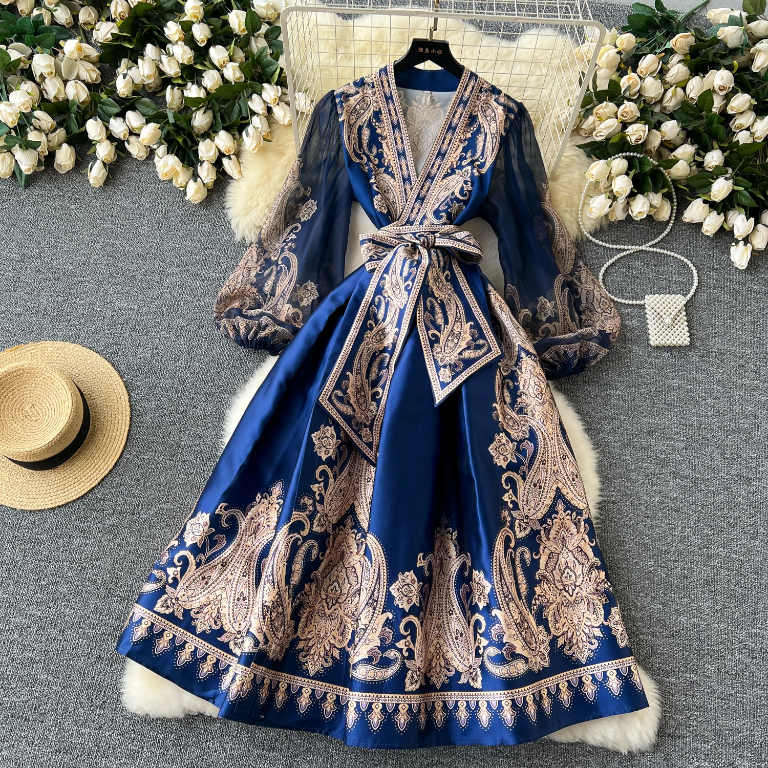 Spring Summer Bohemian Paisley Dress Holiday Puff Sleeve Cross V Neck Vintage Print Bandage Lace Up Robe Vestidos Maxi Clothes