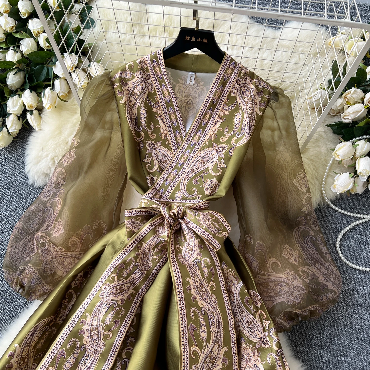 Spring Summer Bohemian Paisley Dress Holiday Puff Sleeve Cross V Neck Vintage Print Bandage Lace Up Robe Vestidos Maxi Clothes