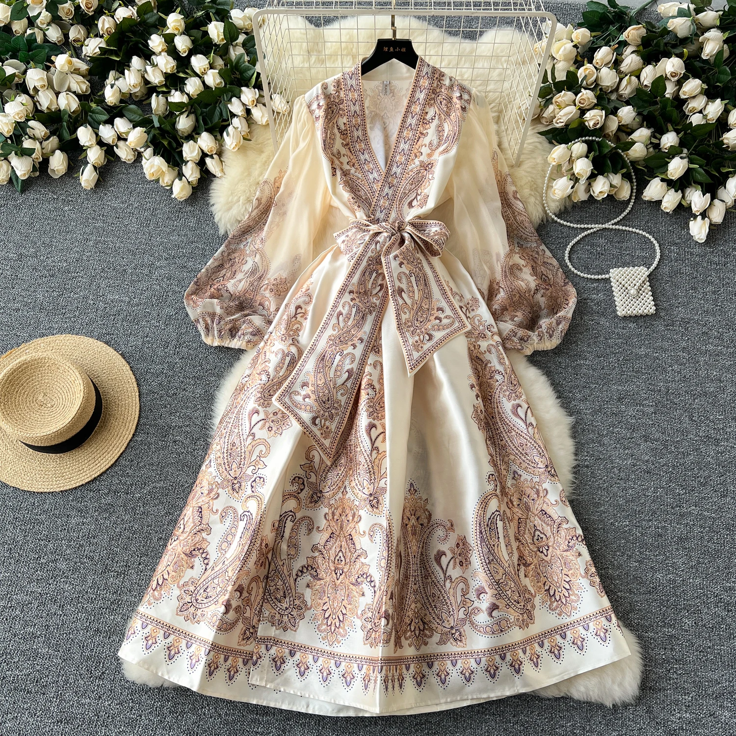Spring Summer Bohemian Paisley Dress Holiday Puff Sleeve Cross V Neck Vintage Print Bandage Lace Up Robe Vestidos Maxi Clothes