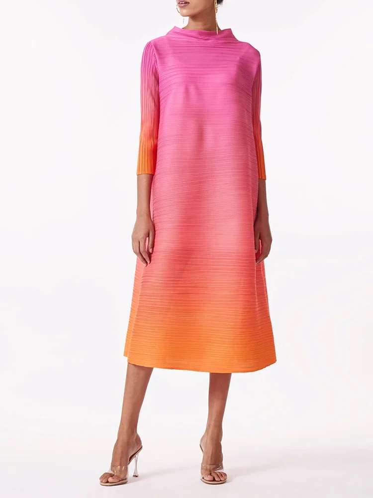 YUDX Miyake Elegant Gradient Pleated Dress Turtleneck Full Sleeves Pink Orange Fashion Mid-Calf Dresses For Women 2025 New