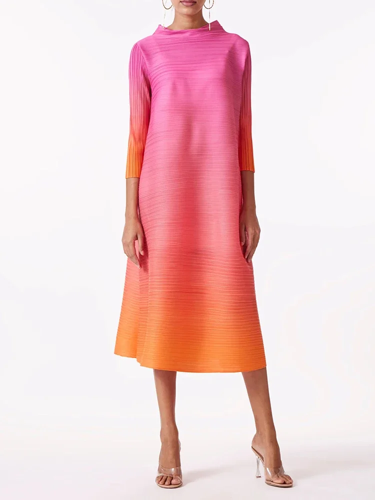 YUDX Miyake Elegant Gradient Pleated Dress Turtleneck Full Sleeves Pink Orange Fashion Mid-Calf Dresses For Women 2025 New