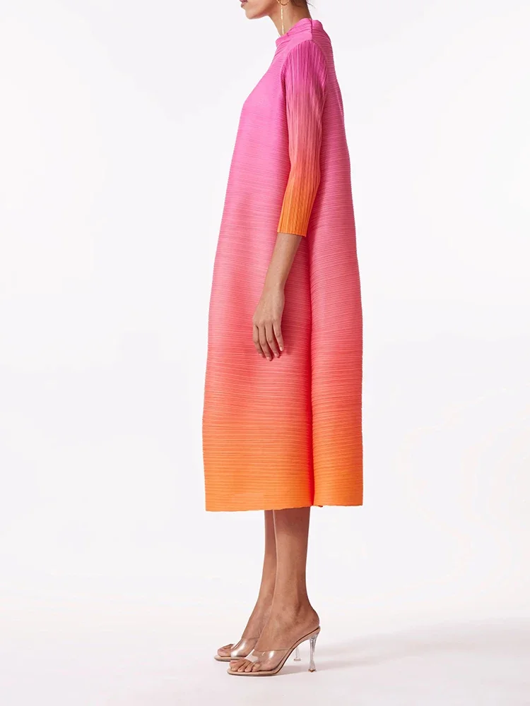 YUDX Miyake Elegant Gradient Pleated Dress Turtleneck Full Sleeves Pink Orange Fashion Mid-Calf Dresses For Women 2025 New