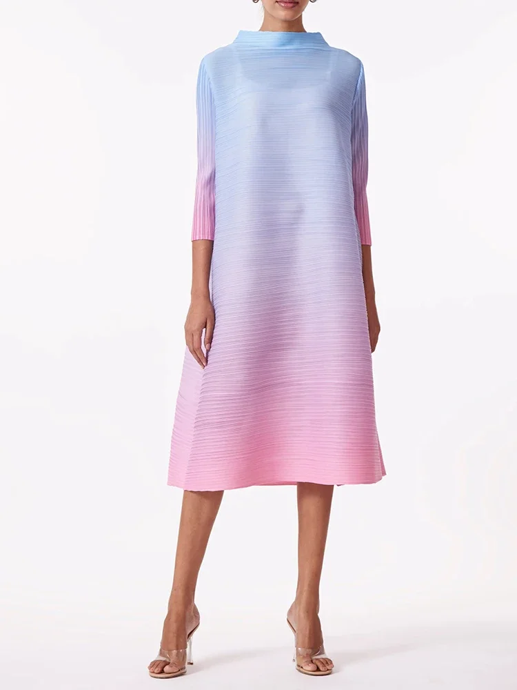 YUDX Miyake Elegant Gradient Pleated Dress Turtleneck Full Sleeves Pink Orange Fashion Mid-Calf Dresses For Women 2025 New