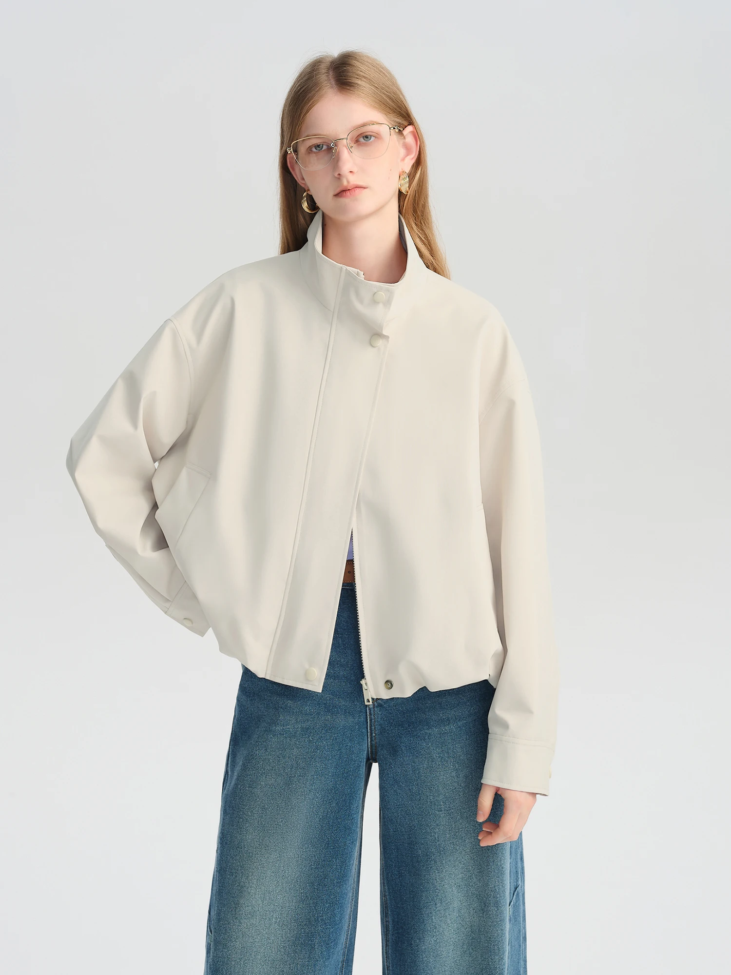 ZIQIAO Autumn 2025 Women's Cropped Stand Collar Jacket - Relaxed Fit Casual Short Outerwear Lightweight Layering Basic Top