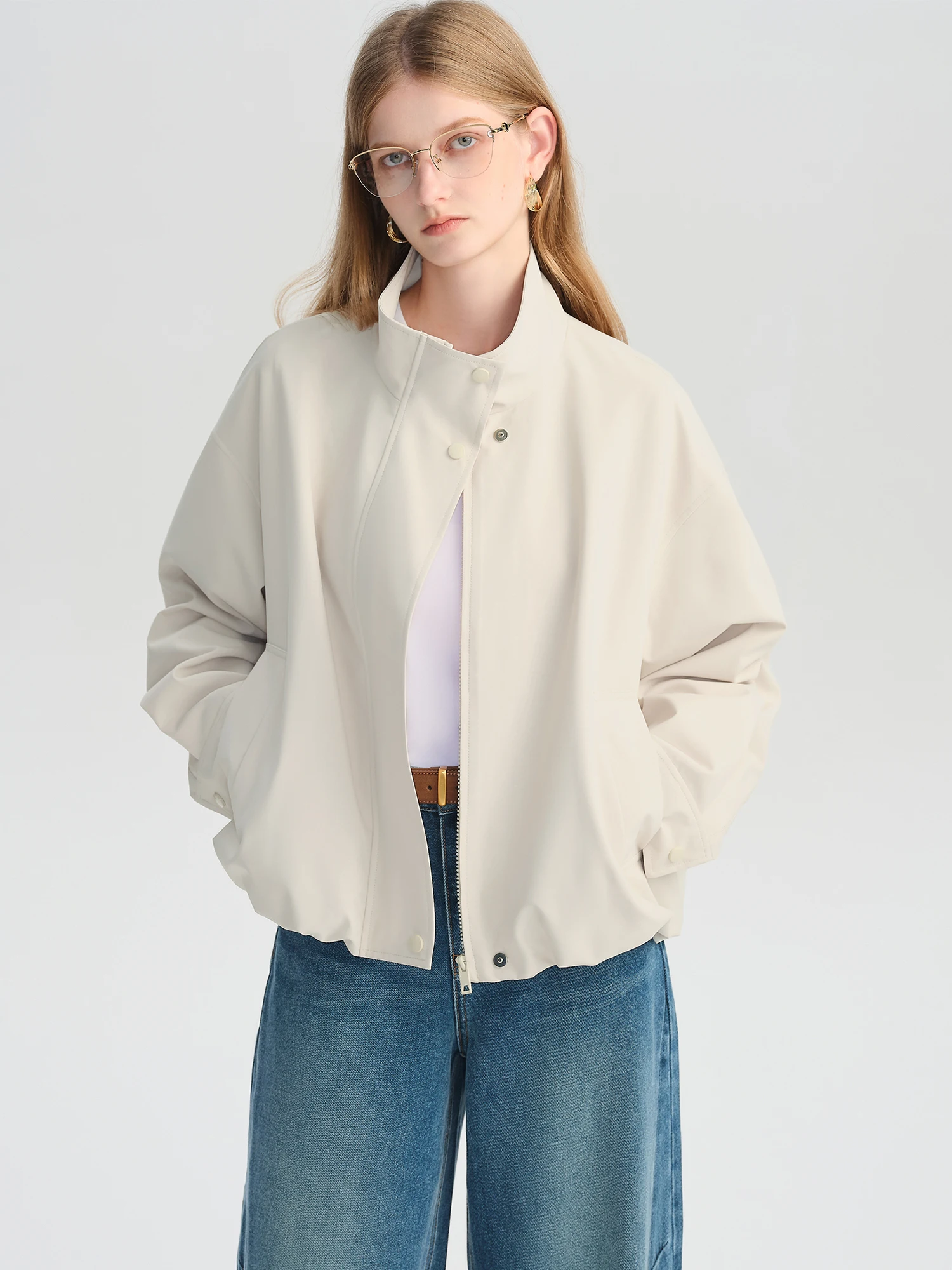 ZIQIAO Autumn 2025 Women's Cropped Stand Collar Jacket - Relaxed Fit Casual Short Outerwear Lightweight Layering Basic Top