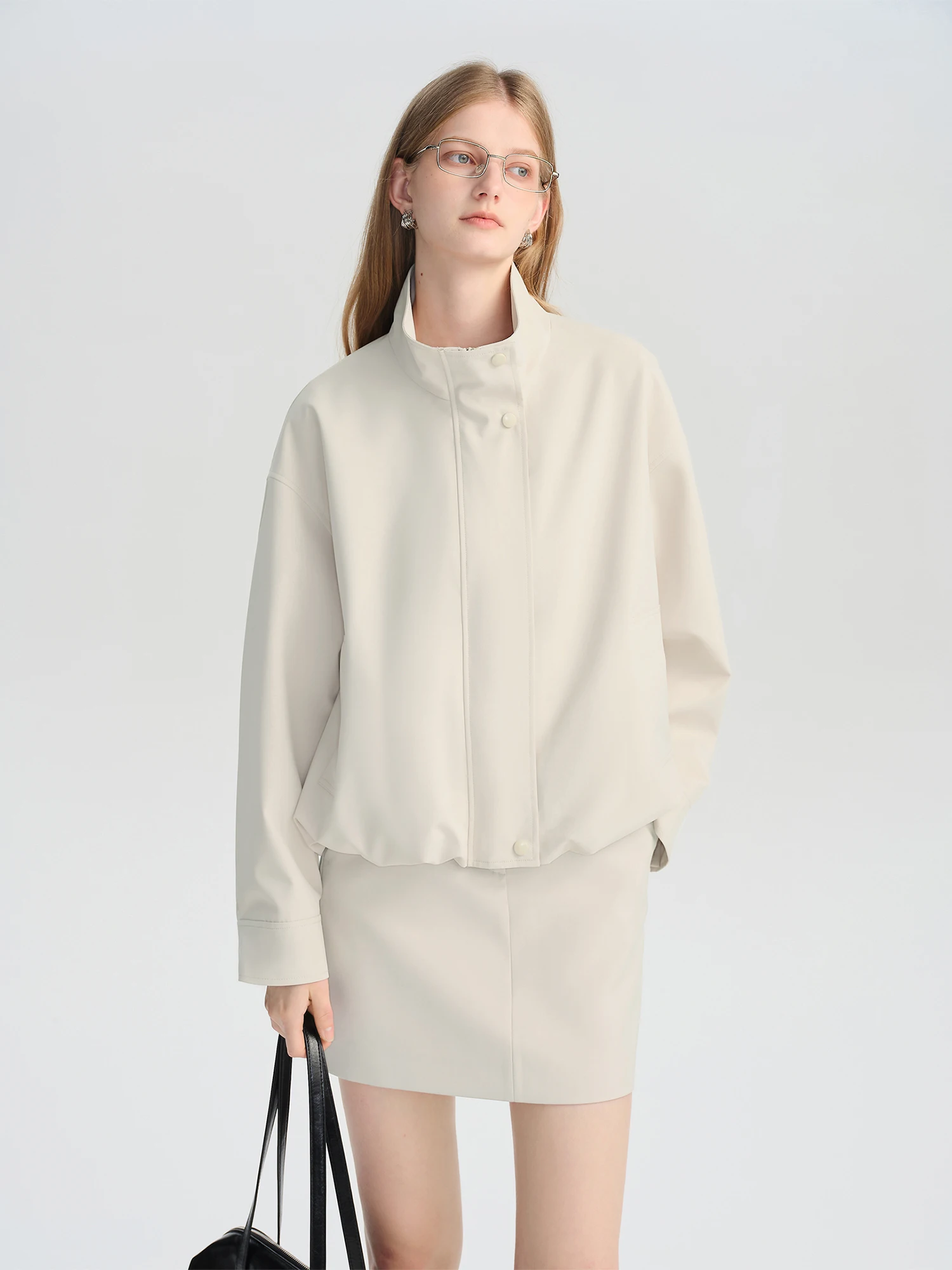 ZIQIAO Autumn 2025 Women's Cropped Stand Collar Jacket - Relaxed Fit Casual Short Outerwear Lightweight Layering Basic Top