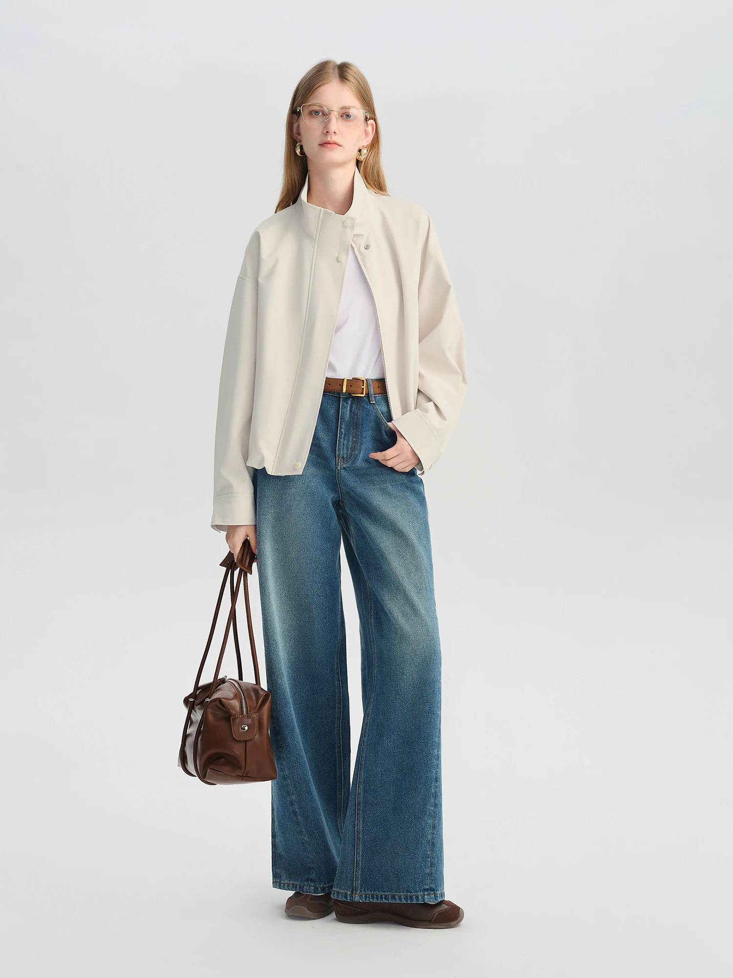 ZIQIAO Autumn 2025 Women's Cropped Stand Collar Jacket - Relaxed Fit Casual Short Outerwear Lightweight Layering Basic Top