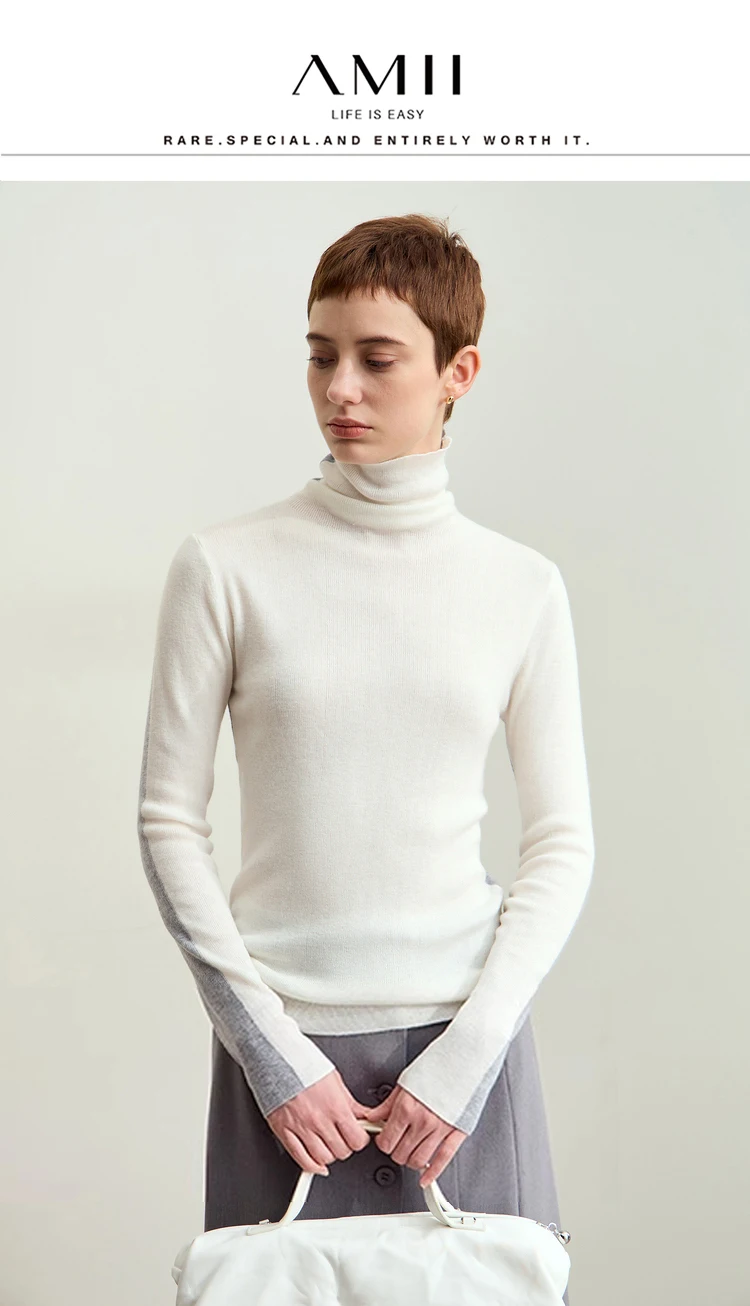 Amii Women Sweaters 2024 Winter Minimalism Long Sleeve High Neck Slim Soft Knit Tops Jumper Patchwork Sweater Clothing 12414019