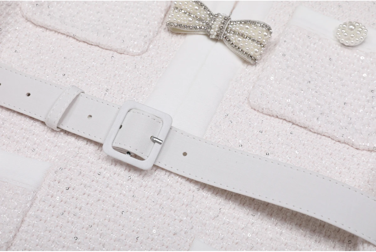 High Quality Spring And Autumn New Style Bright Silk Nail Bead Bow Belt Top Knitted Cardigan+half Skirt Slim Fit Women's Set