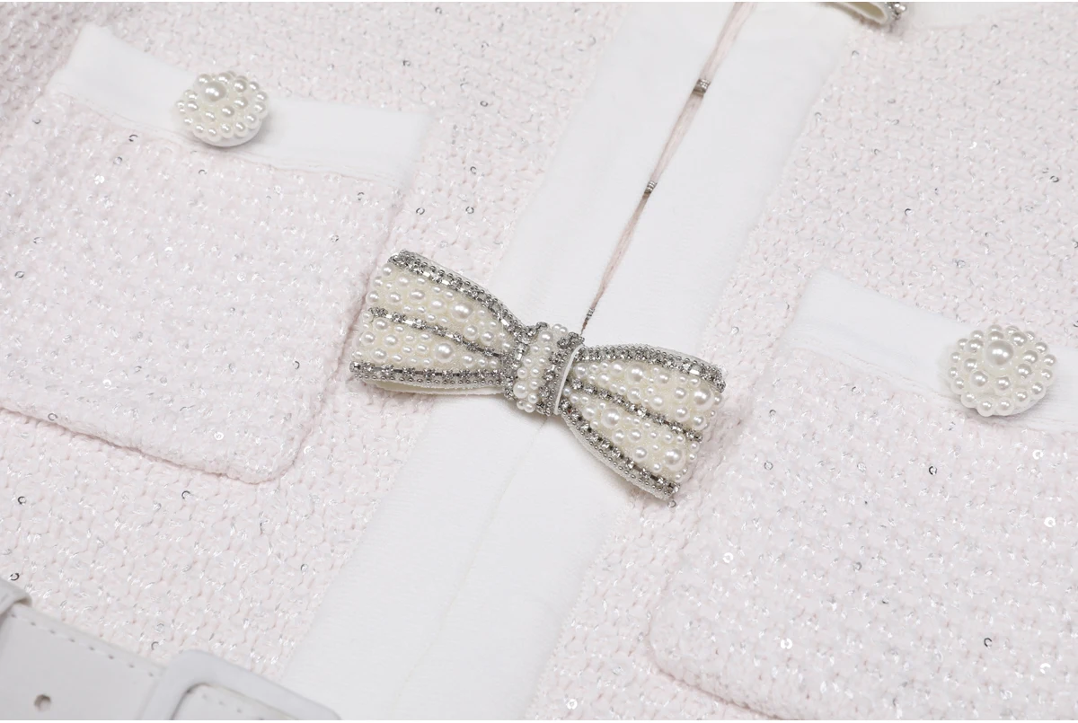 High Quality Spring And Autumn New Style Bright Silk Nail Bead Bow Belt Top Knitted Cardigan+half Skirt Slim Fit Women's Set