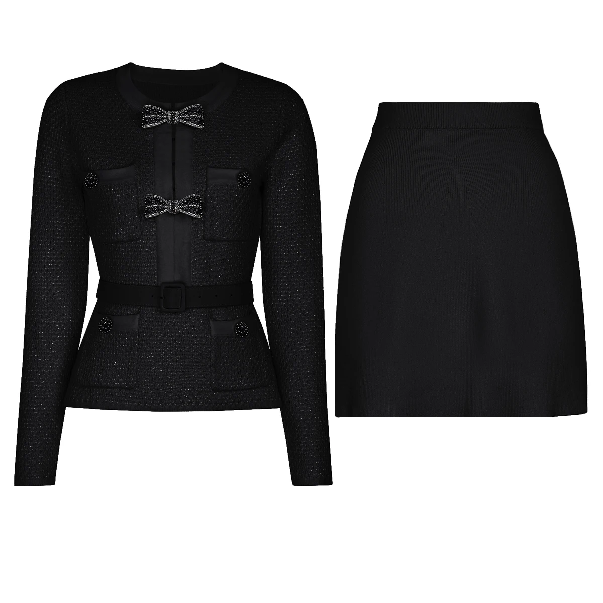 High Quality Spring And Autumn New Style Bright Silk Nail Bead Bow Belt Top Knitted Cardigan+half Skirt Slim Fit Women's Set