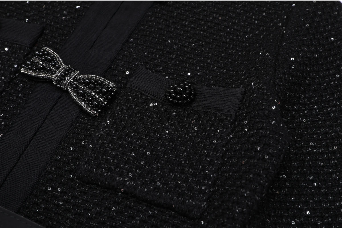 High Quality Spring And Autumn New Style Bright Silk Nail Bead Bow Belt Top Knitted Cardigan+half Skirt Slim Fit Women's Set