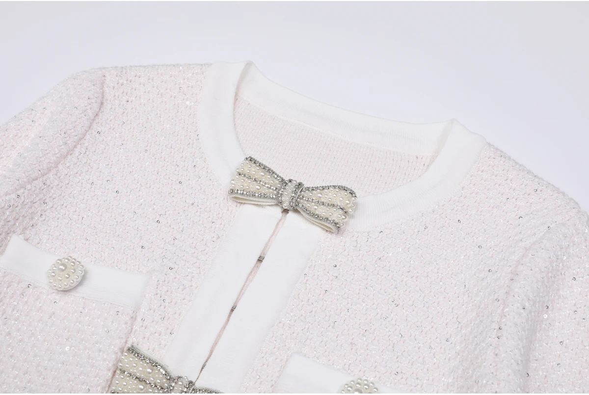 High Quality Spring And Autumn New Style Bright Silk Nail Bead Bow Belt Top Knitted Cardigan+half Skirt Slim Fit Women's Set
