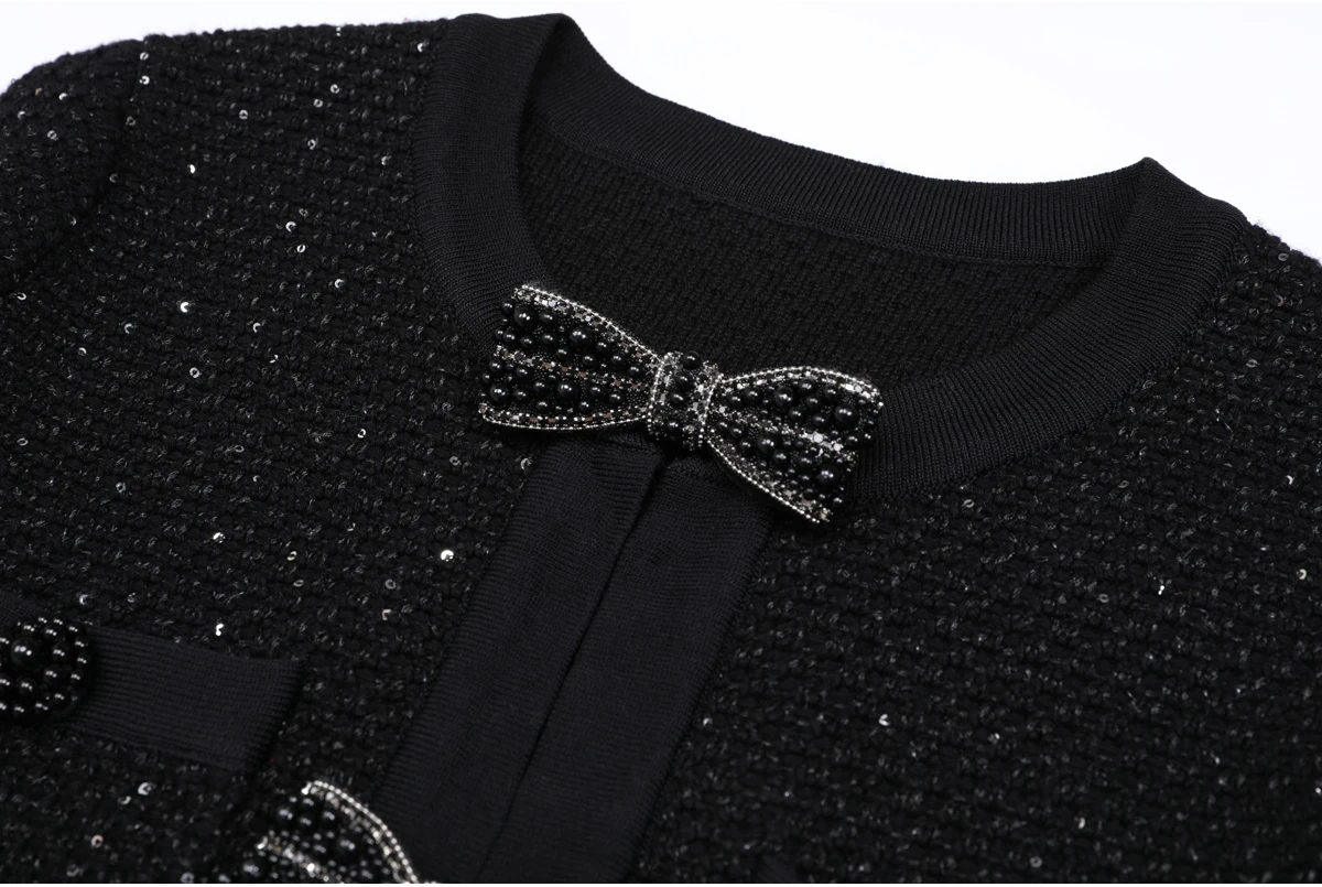 High Quality Spring And Autumn New Style Bright Silk Nail Bead Bow Belt Top Knitted Cardigan+half Skirt Slim Fit Women's Set