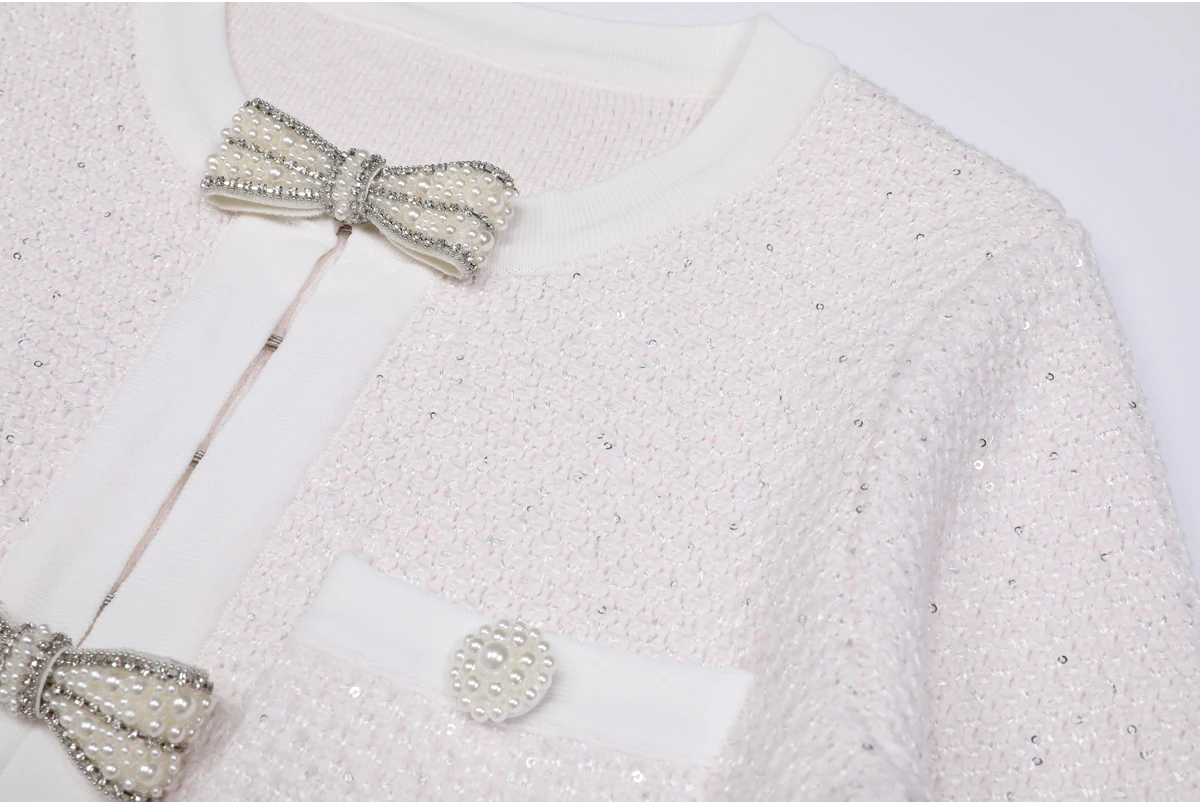 High Quality Spring And Autumn New Style Bright Silk Nail Bead Bow Belt Top Knitted Cardigan+half Skirt Slim Fit Women's Set