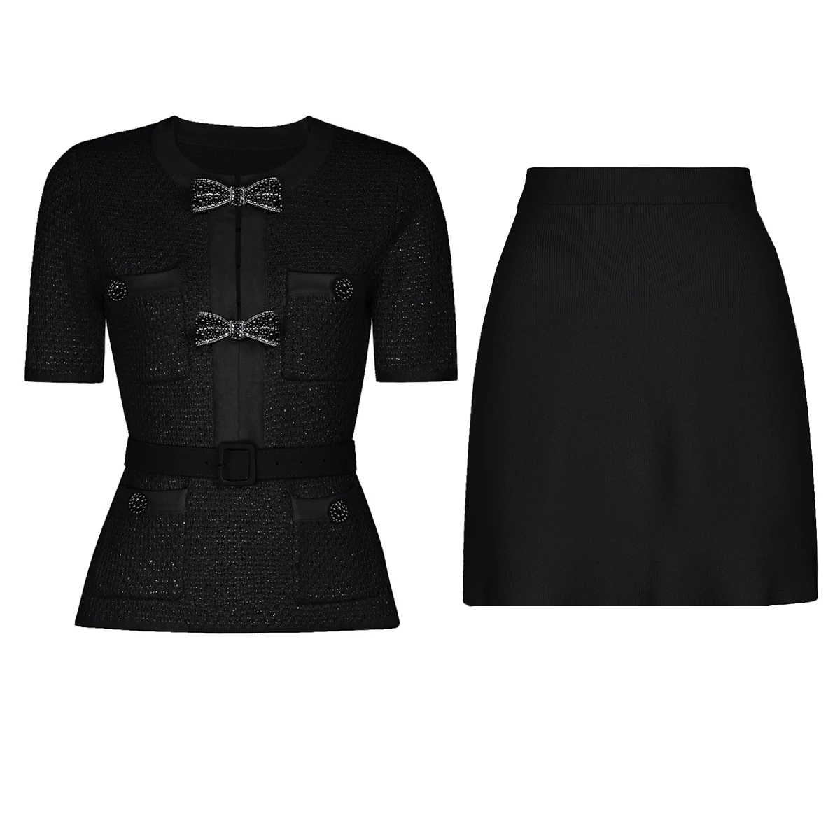 High Quality Spring And Autumn New Style Bright Silk Nail Bead Bow Belt Top Knitted Cardigan+half Skirt Slim Fit Women's Set