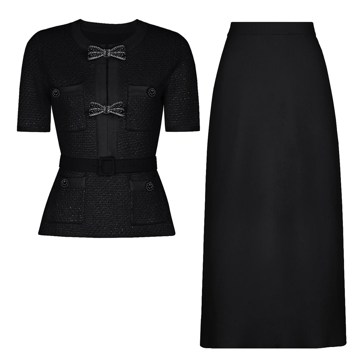 High Quality Spring And Autumn New Style Bright Silk Nail Bead Bow Belt Top Knitted Cardigan+half Skirt Slim Fit Women's Set