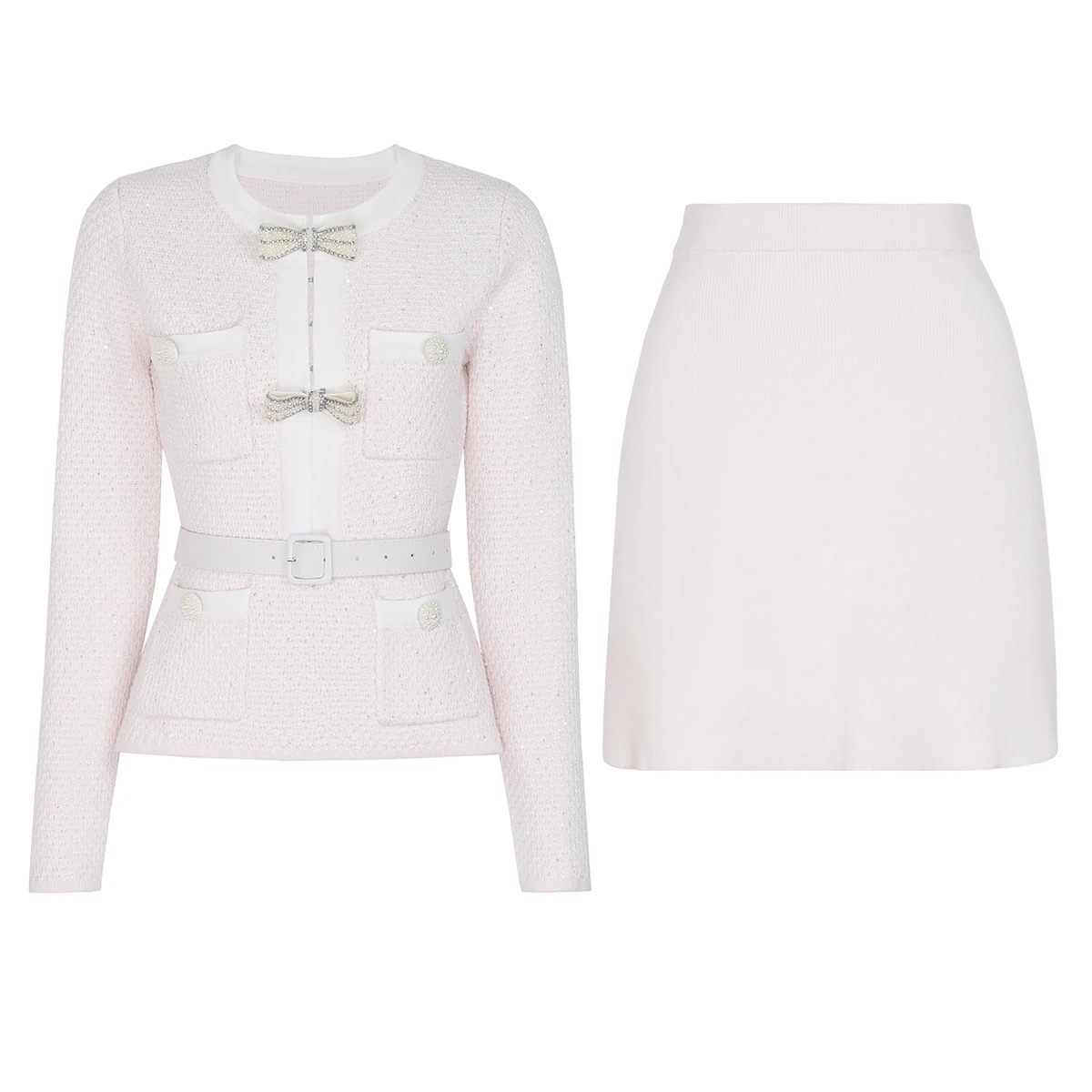 High Quality Spring And Autumn New Style Bright Silk Nail Bead Bow Belt Top Knitted Cardigan+half Skirt Slim Fit Women's Set