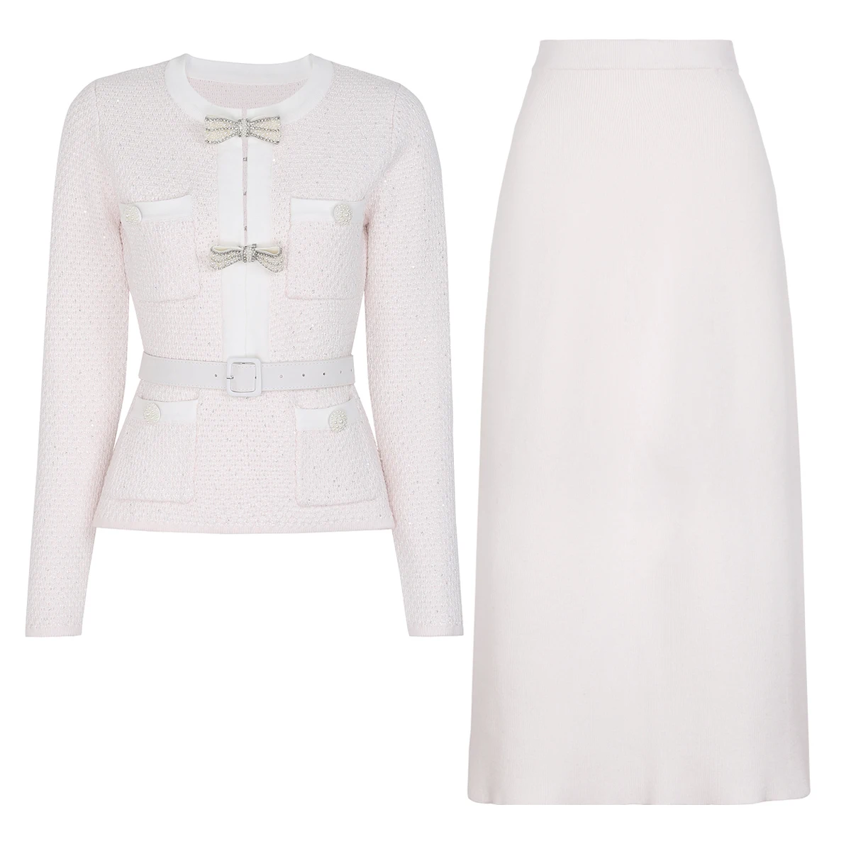 High Quality Spring And Autumn New Style Bright Silk Nail Bead Bow Belt Top Knitted Cardigan+half Skirt Slim Fit Women's Set