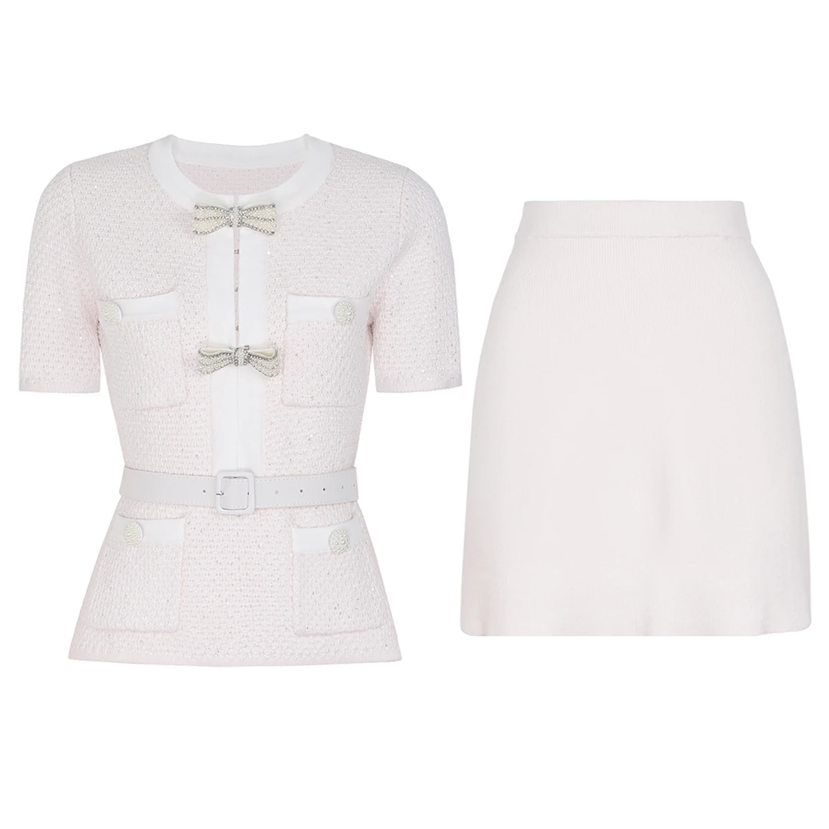 High Quality Spring And Autumn New Style Bright Silk Nail Bead Bow Belt Top Knitted Cardigan+half Skirt Slim Fit Women's Set
