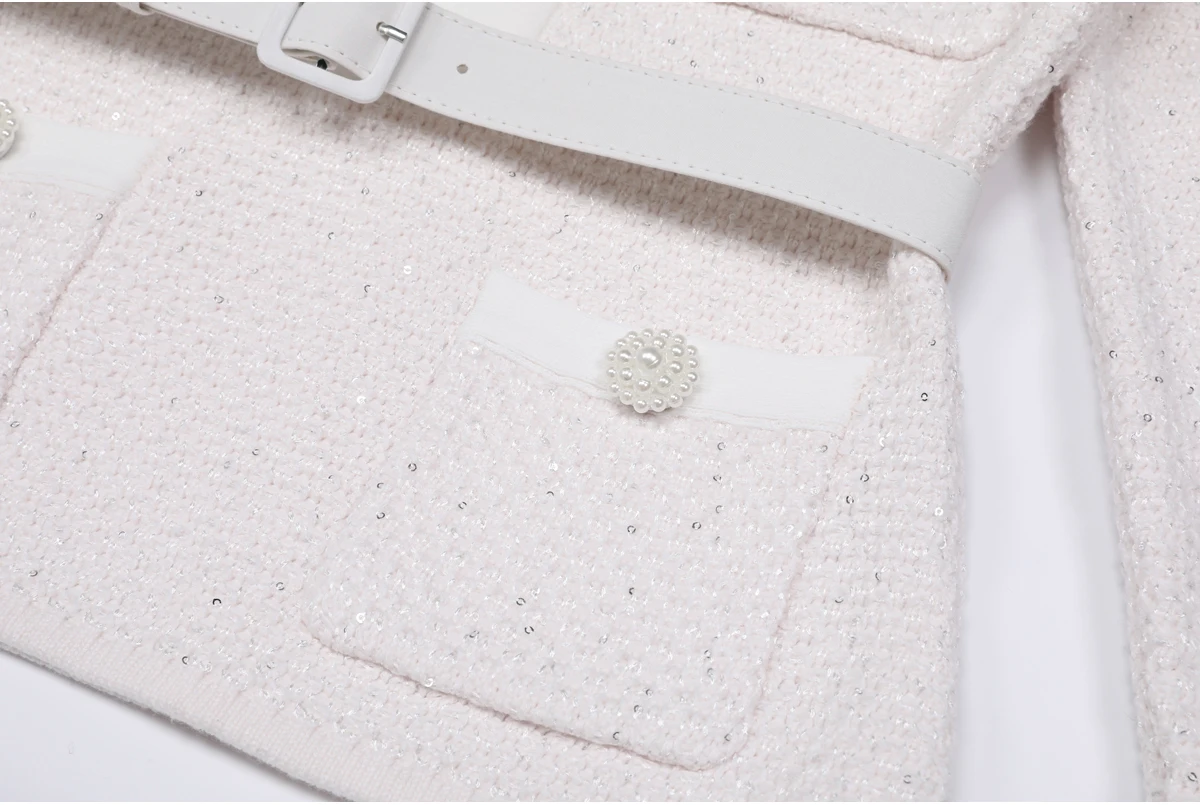 High Quality Spring And Autumn New Style Bright Silk Nail Bead Bow Belt Top Knitted Cardigan+half Skirt Slim Fit Women's Set