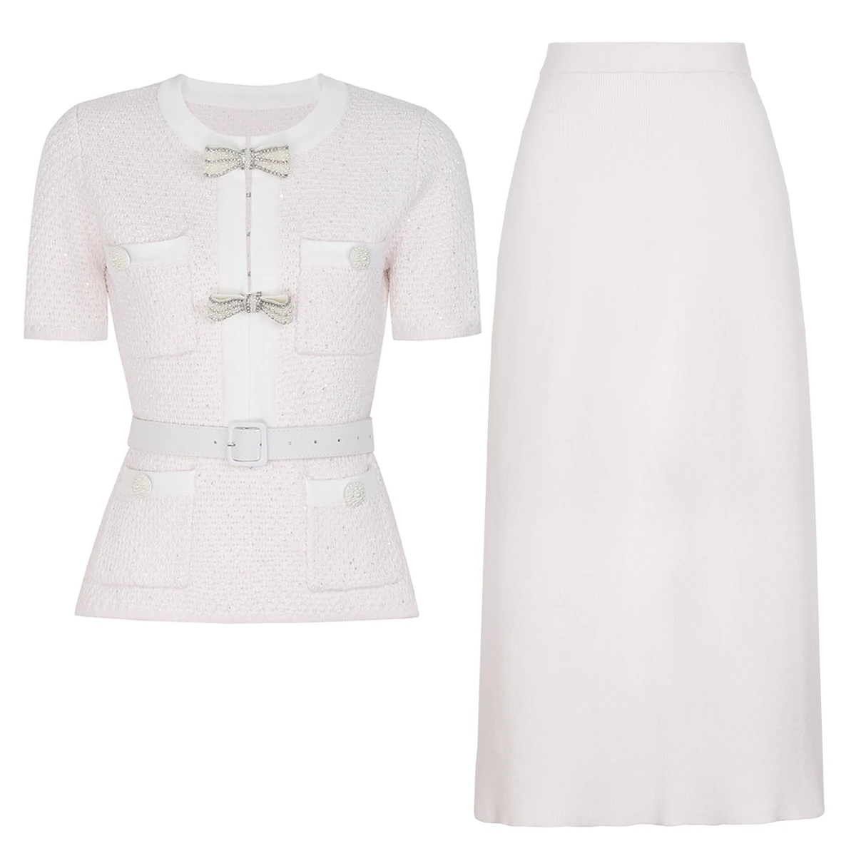 High Quality Spring And Autumn New Style Bright Silk Nail Bead Bow Belt Top Knitted Cardigan+half Skirt Slim Fit Women's Set