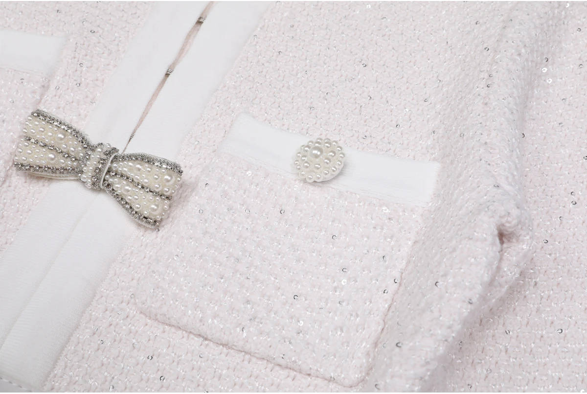 High Quality Spring And Autumn New Style Bright Silk Nail Bead Bow Belt Top Knitted Cardigan+half Skirt Slim Fit Women's Set