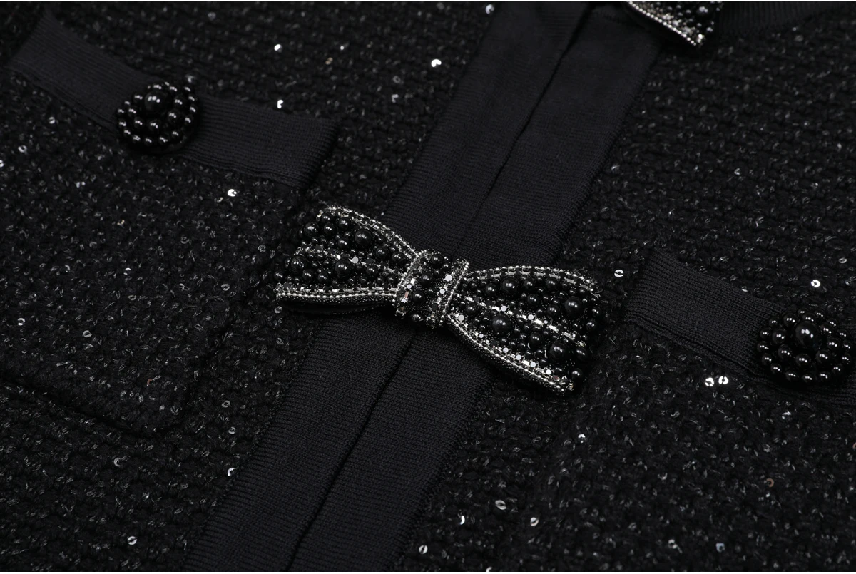 High Quality Spring And Autumn New Style Bright Silk Nail Bead Bow Belt Top Knitted Cardigan+half Skirt Slim Fit Women's Set