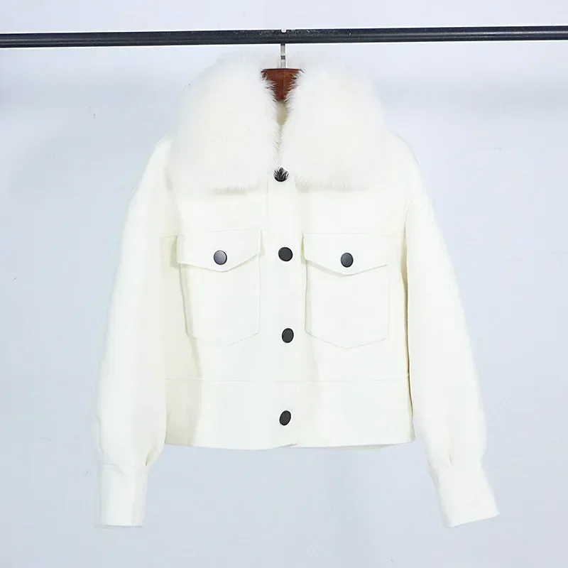 Wool Women Fur Coat New Autumn Winter Real Fox Fur Collar 10% Cashmere 90% Wool Fur Jacket Short Casual Loose Wool Coat