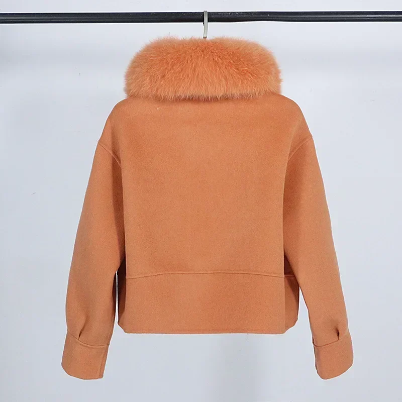 Wool Women Fur Coat New Autumn Winter Real Fox Fur Collar 10% Cashmere 90% Wool Fur Jacket Short Casual Loose Wool Coat