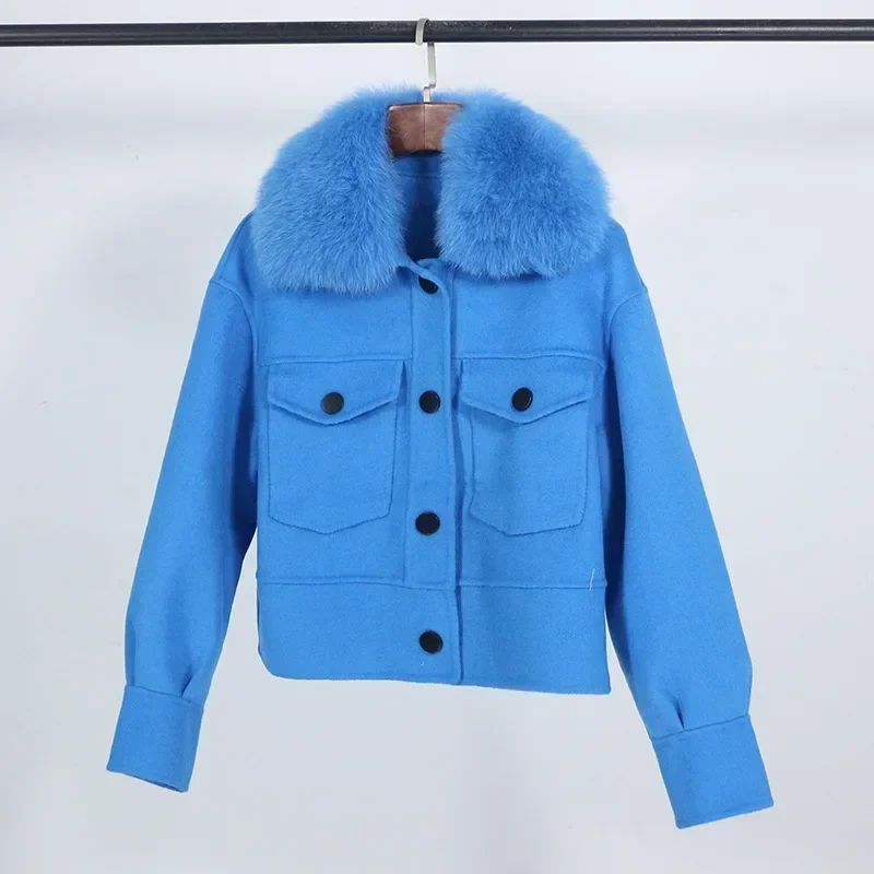 Wool Women Fur Coat New Autumn Winter Real Fox Fur Collar 10% Cashmere 90% Wool Fur Jacket Short Casual Loose Wool Coat