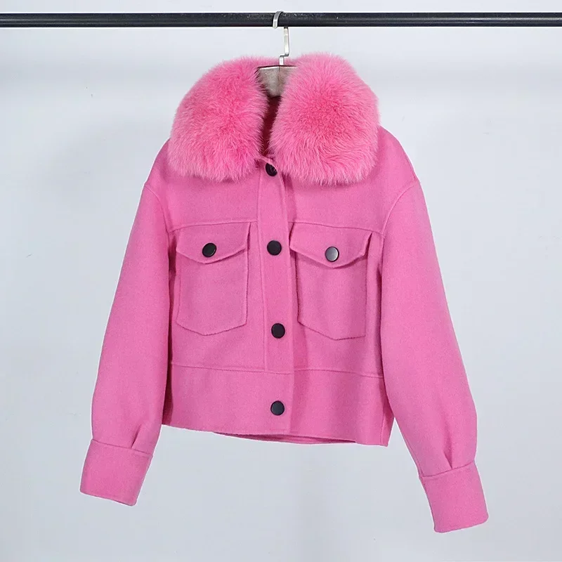 Wool Women Fur Coat New Autumn Winter Real Fox Fur Collar 10% Cashmere 90% Wool Fur Jacket Short Casual Loose Wool Coat